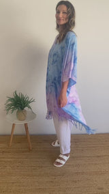 Short Kaftan With Tassels Tie Dye Blue Purple Pink