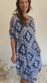 Cold Shoulder Dress In Blue Diamond