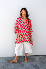Short Pom Pom Kaftan in Red Zig Zag