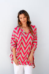 Short Pom Pom Kaftan in Red Zig Zag