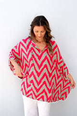 Short Pom Pom Kaftan in Red Zig Zag
