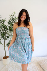 Strapless Beach Dress/Skirt in Blue Flower