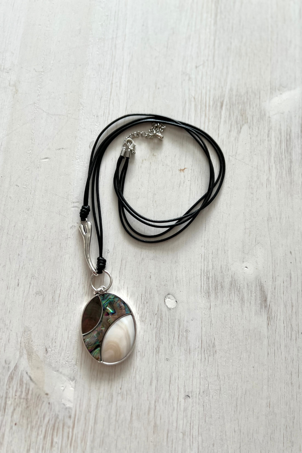 Long Faux Leather Opal & Pearl Necklace