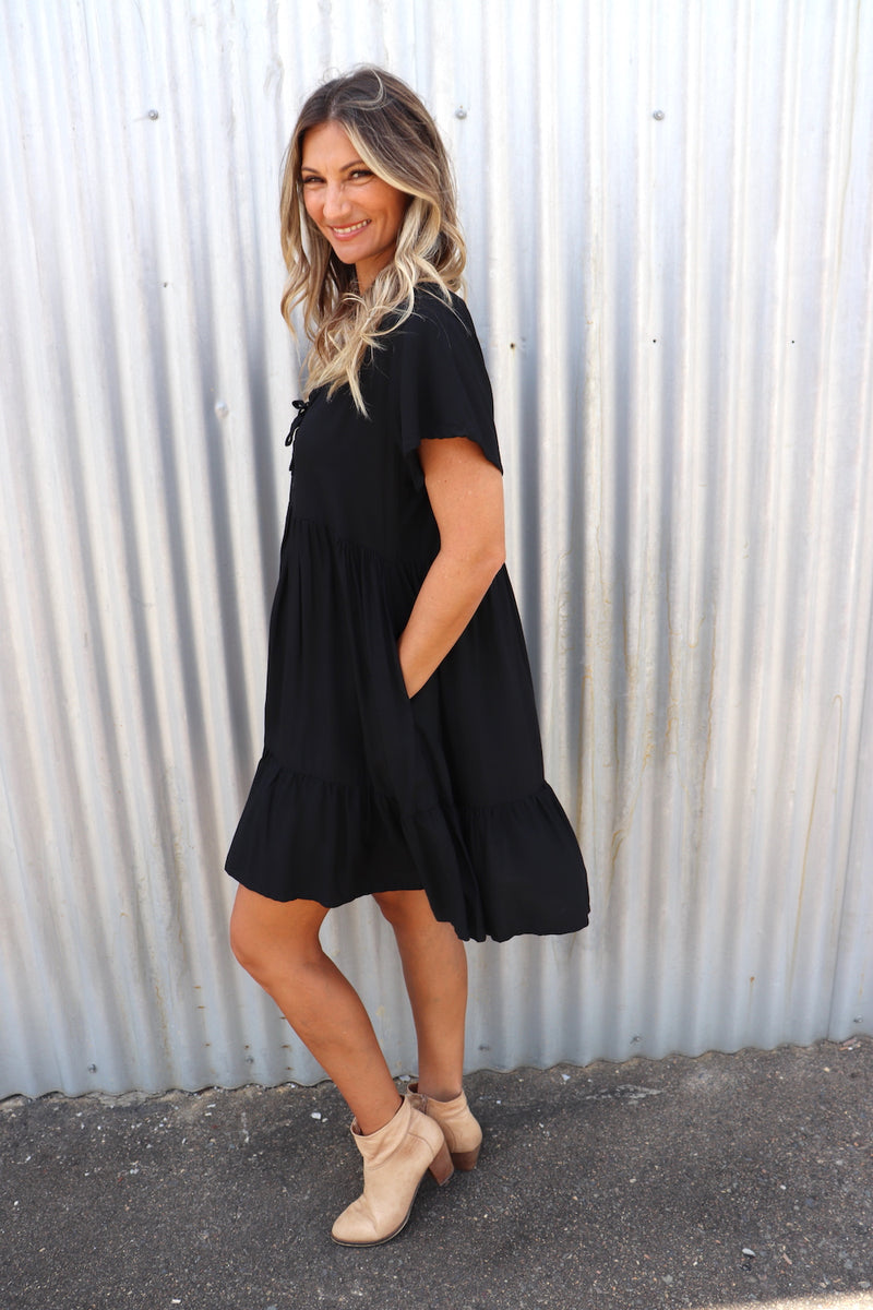 Baby Doll Button Up Dress In Black