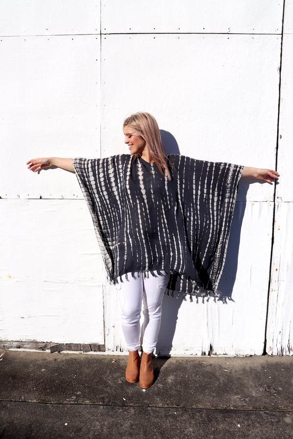Short Kaftan With Tassels In Raindrop Charcoal