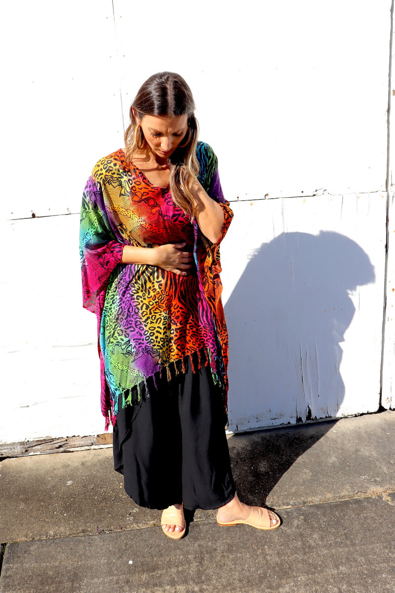 Short Kaftan With Tassels In Rainbow Animal