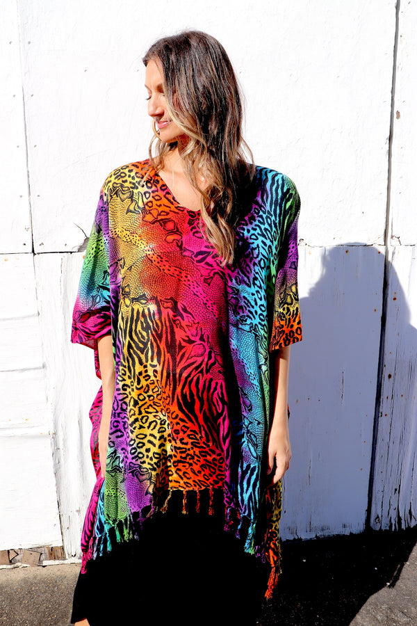 Short Kaftan With Tassels In Rainbow Animal