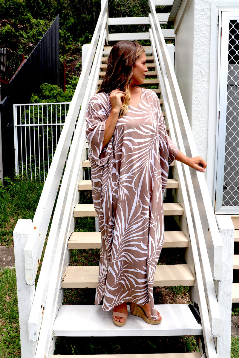 Long Kaftan In Taupe Vine