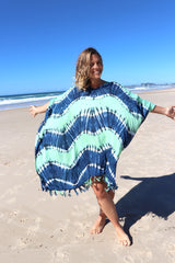 Short Kaftan With Tassels In Blue Zig Zag