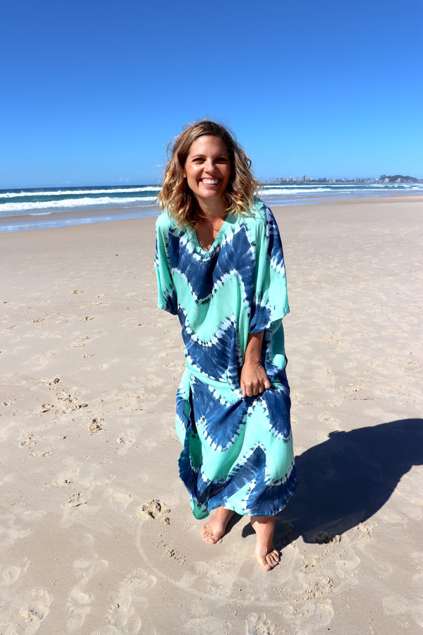 Long Kaftan In Blue Zig Zag