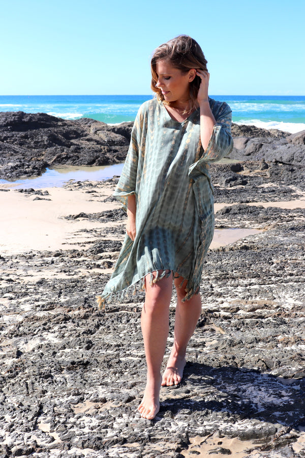 Short Kaftan With Tassels In Olive Raindrop