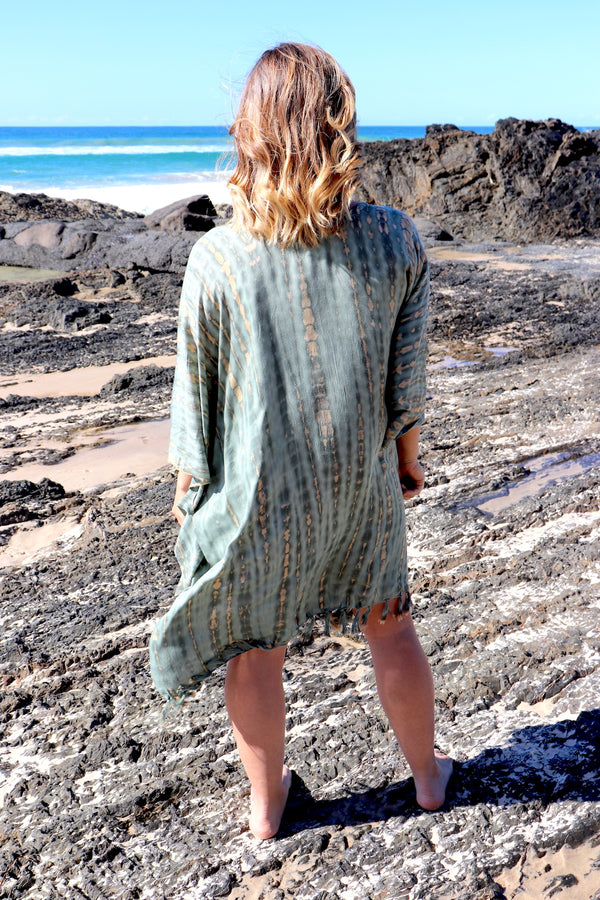 Short Kaftan With Tassels In Olive Raindrop