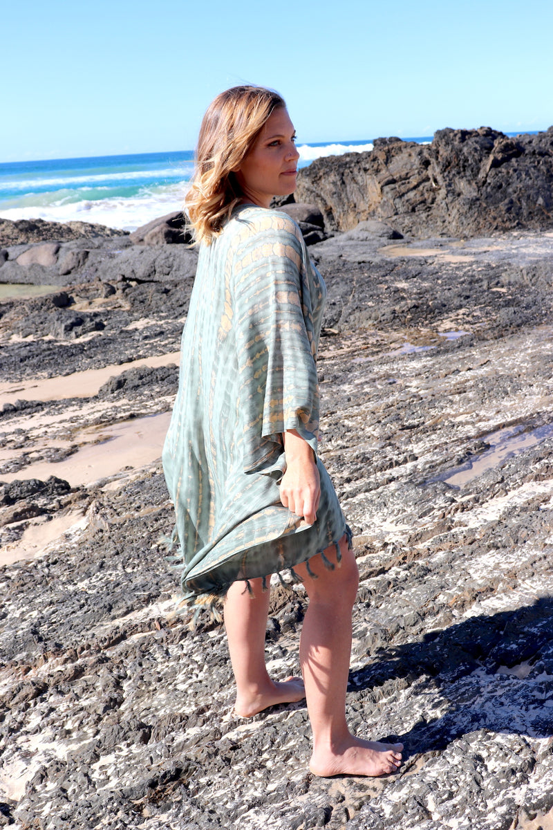 Short Kaftan With Tassels In Olive Raindrop