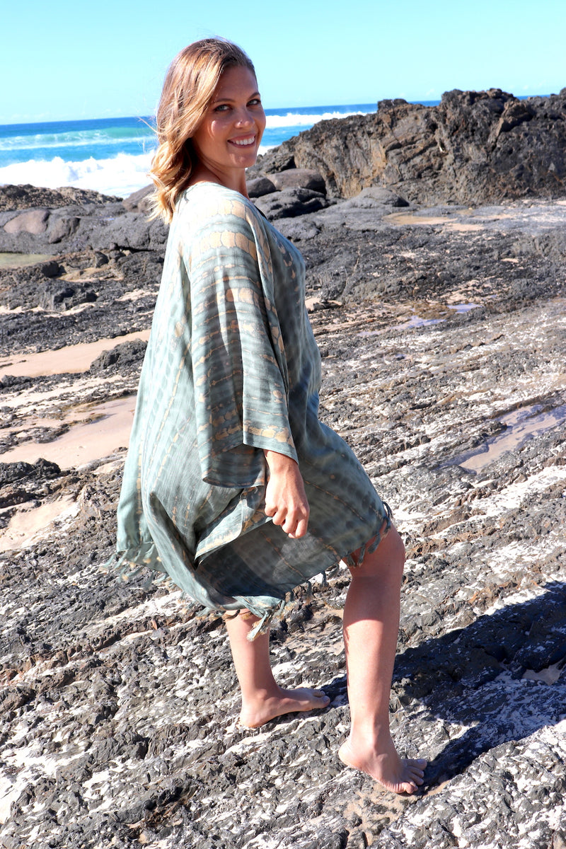 Short Kaftan With Tassels In Olive Raindrop