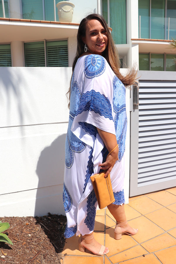 Bling Kaftan In White & Bright Blue