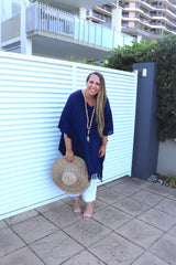 Short Kaftan With Tassels In Navy