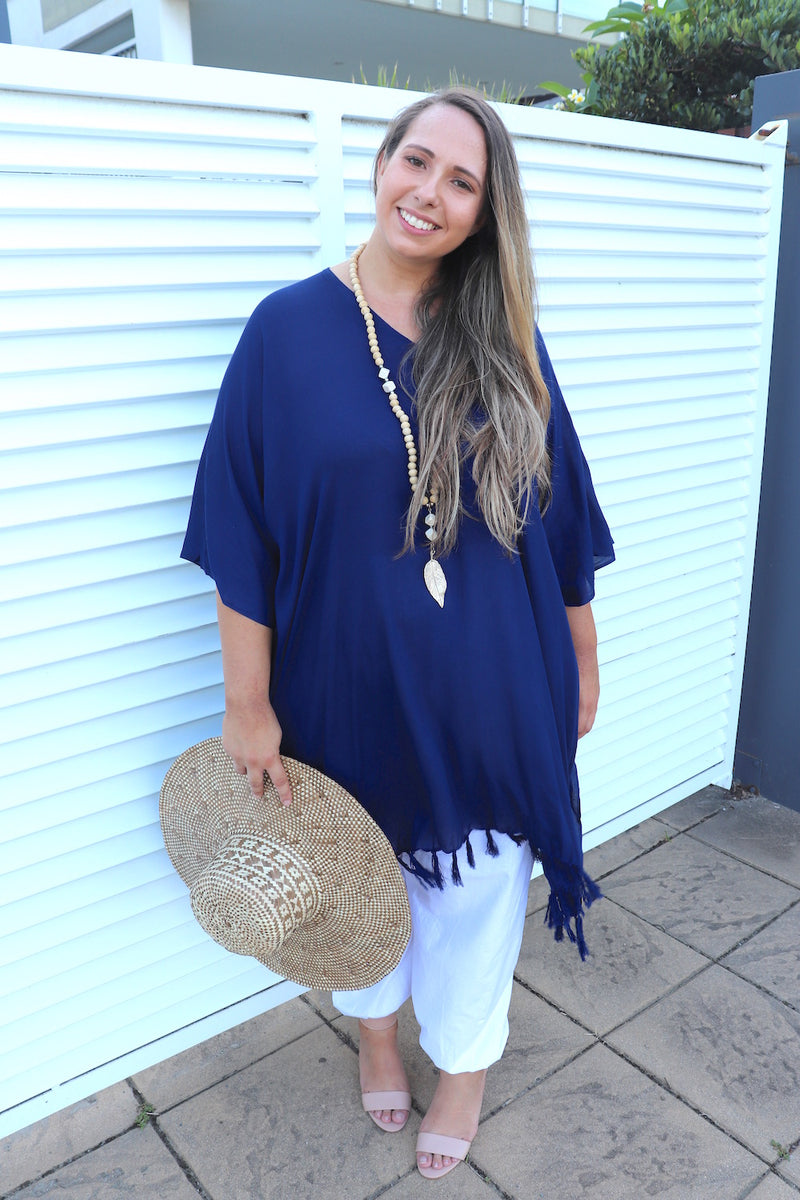 Short Kaftan With Tassels In Navy