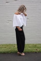 Harem Elastic Long Pant In Plain Black, White Or Taupe