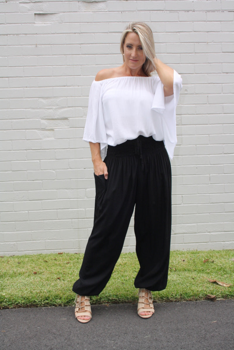 Harem Elastic Long Pant In Plain Black, White Or Taupe