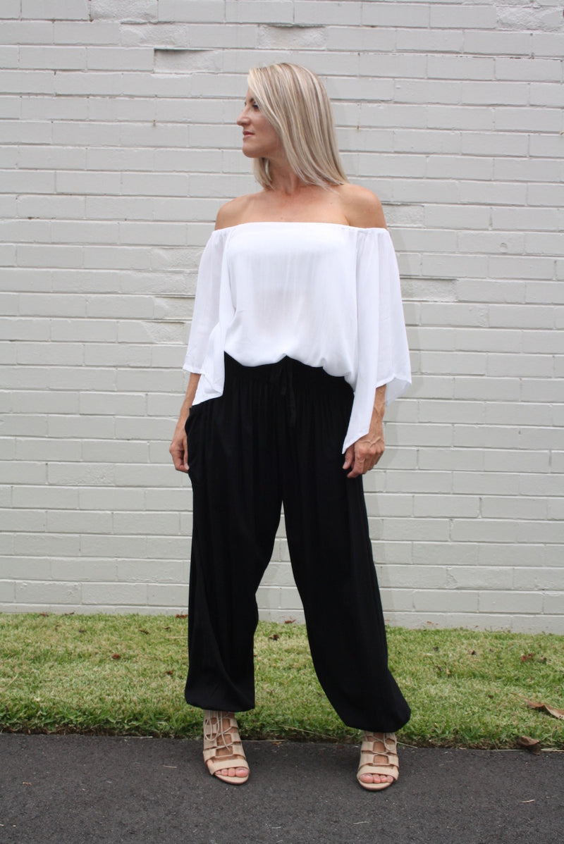 Harem Elastic Long Pant In Plain Black, White Or Taupe