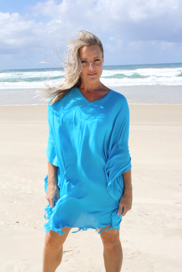 Short Kaftan With Tassels In Electric Blue