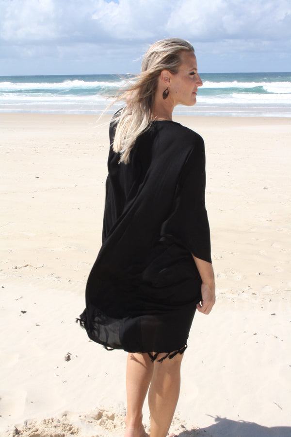 Short Kaftan With Tassels In Black