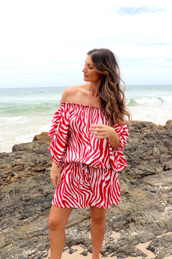 Holiday Dreaming Short Beach Dress/Top In Zebra Red