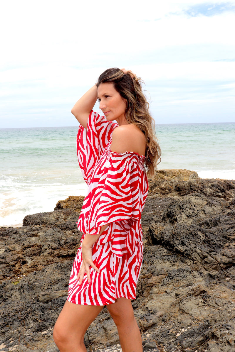 Holiday Dreaming Short Beach Dress/Top In Zebra Red