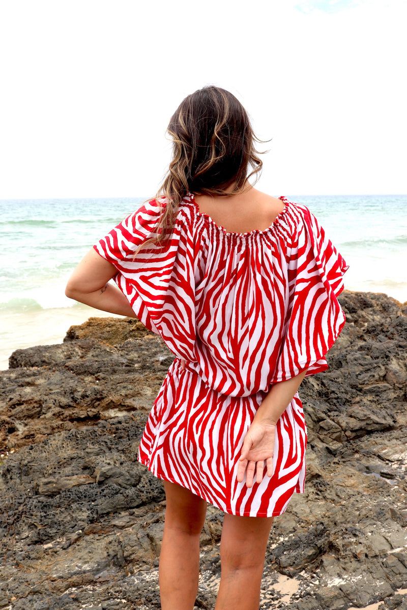 Holiday Dreaming Short Beach Dress/Top In Zebra Red