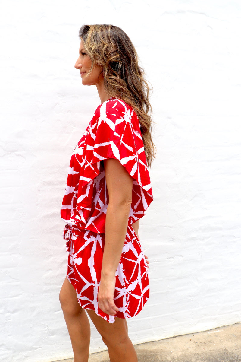Holiday Dreaming Short Beach Dress/Top In Bamboo Red