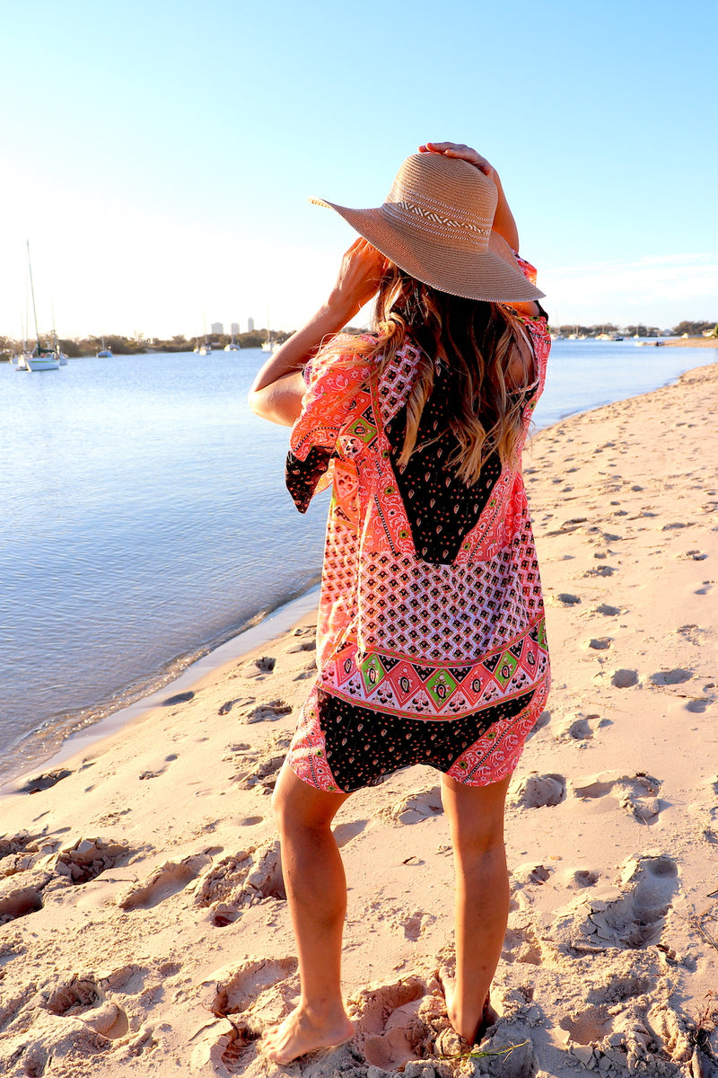 Santorini Shift Dress in Pink & Chocolate
