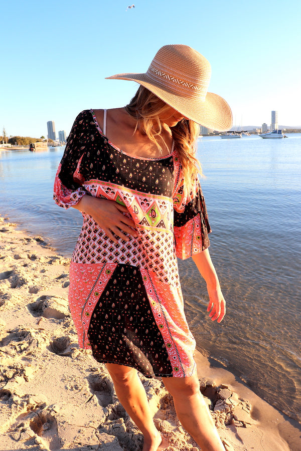 Santorini Shift Dress in Pink & Chocolate