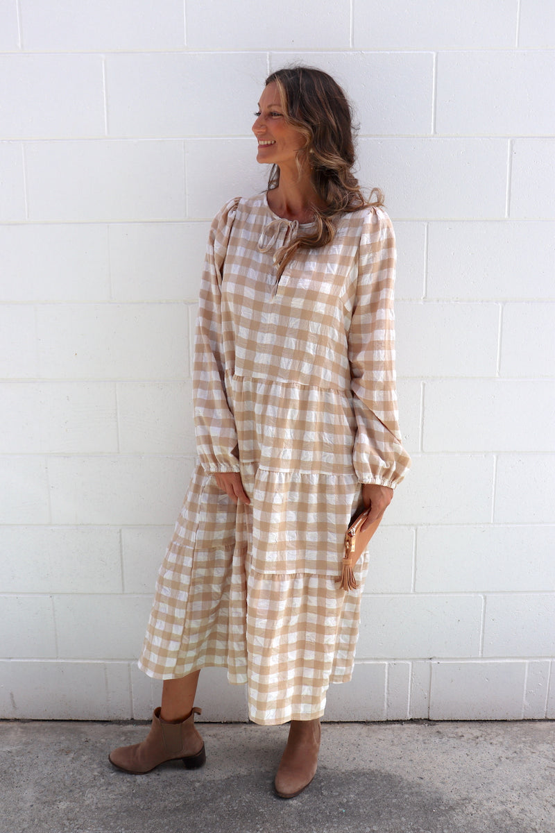 Hayley Gingham Cotton Long Sleeve Maxi Dress Taupe or Chocolate