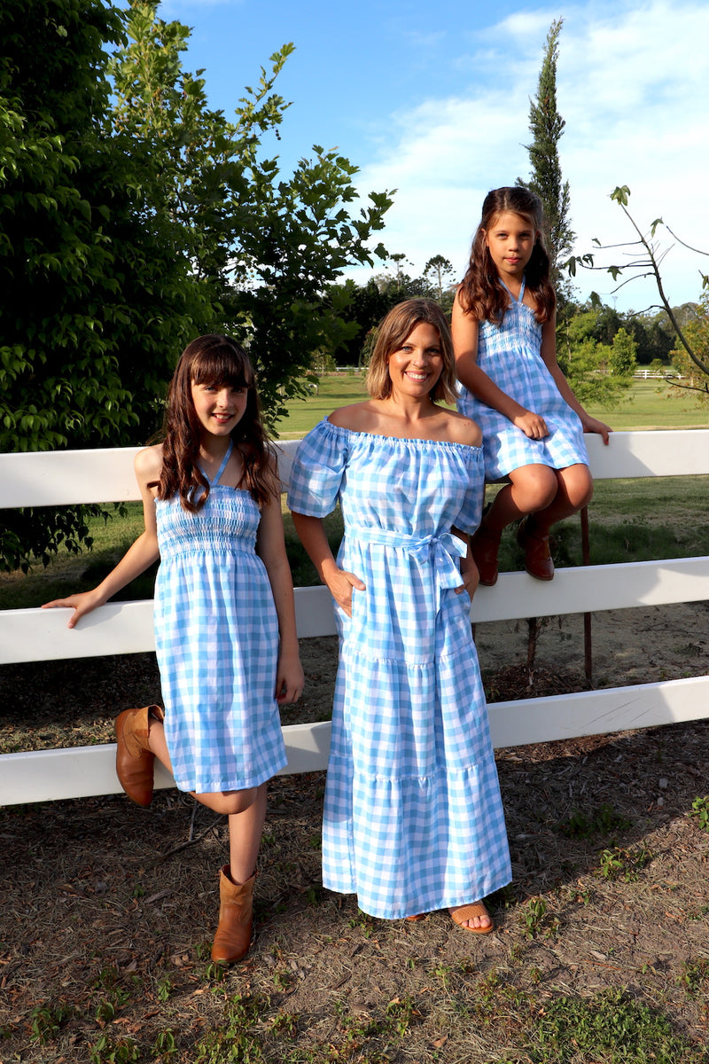 Girls Strapless Beach Dress in Cotton Gingham Sky Blue