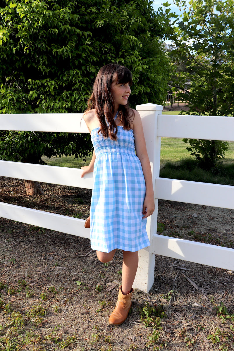 Girls Strapless Beach Dress in Cotton Gingham Sky Blue