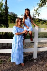 Girls Strapless Beach Dress in Cotton Gingham Sky Blue