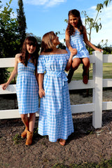 Girls Strapless Beach Dress in Cotton Gingham Sky Blue