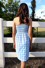 Girls Strapless Beach Dress in Cotton Gingham Sky Blue