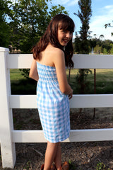 Girls Strapless Beach Dress in Cotton Gingham Sky Blue