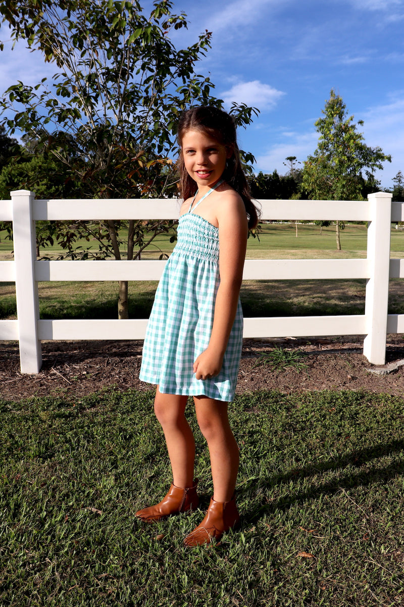 Girls Strapless Beach Dress in Cotton Gingham Mint