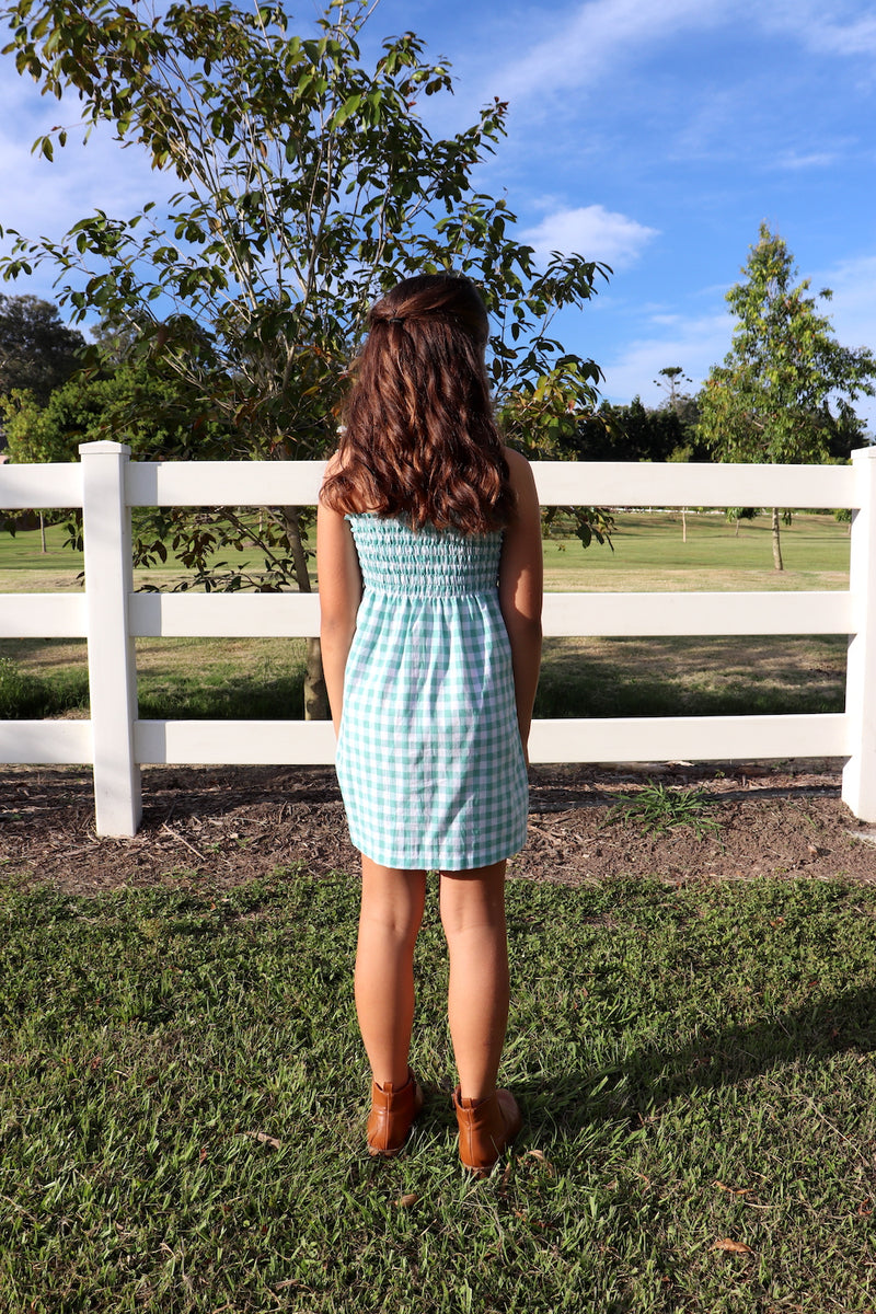 Girls Strapless Beach Dress in Cotton Gingham Mint