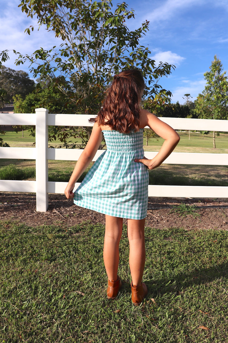 Girls Strapless Beach Dress in Cotton Gingham Mint