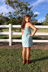 Girls Strapless Beach Dress in Cotton Gingham Mint