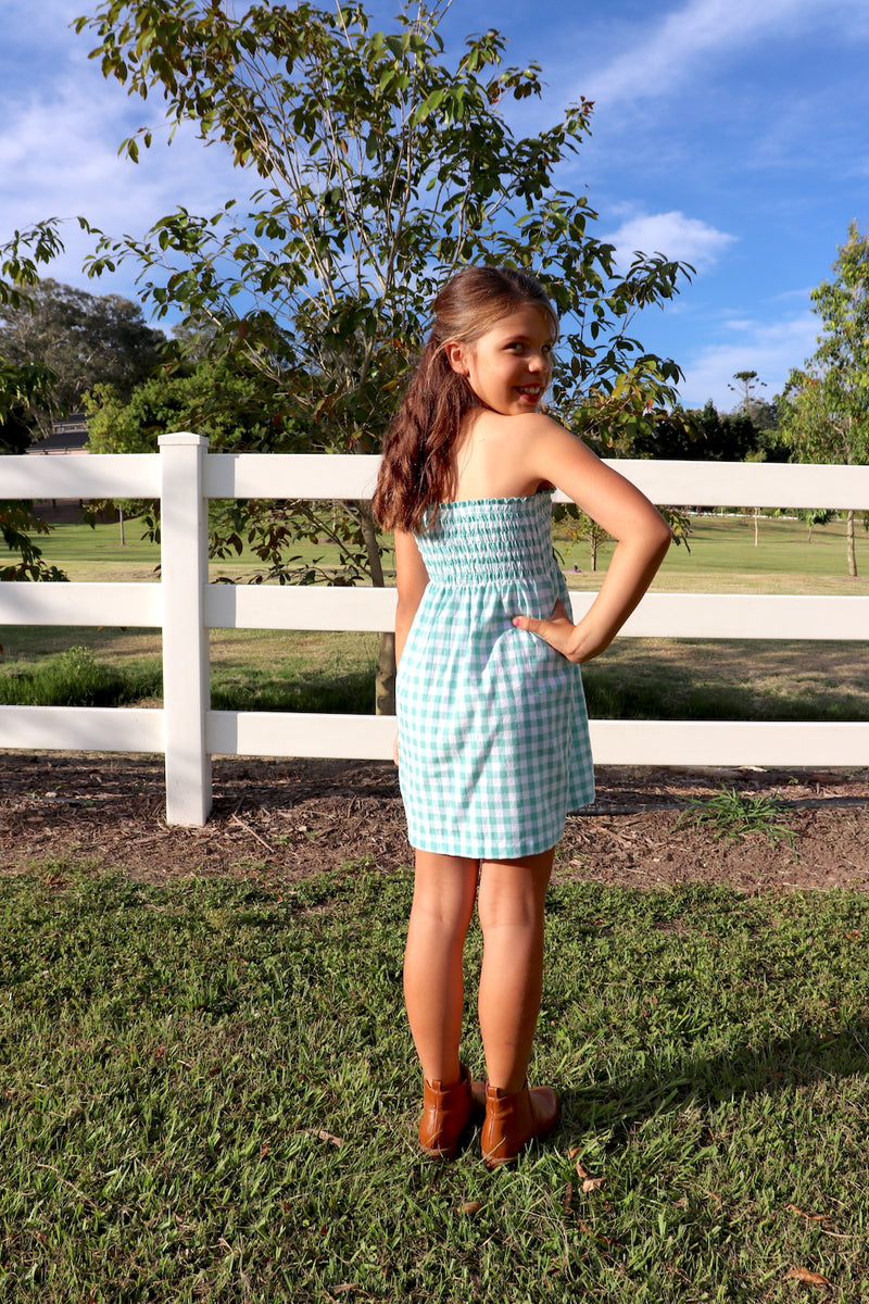 Girls Strapless Beach Dress in Cotton Gingham Mint