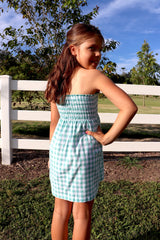 Girls Strapless Beach Dress in Cotton Gingham Mint