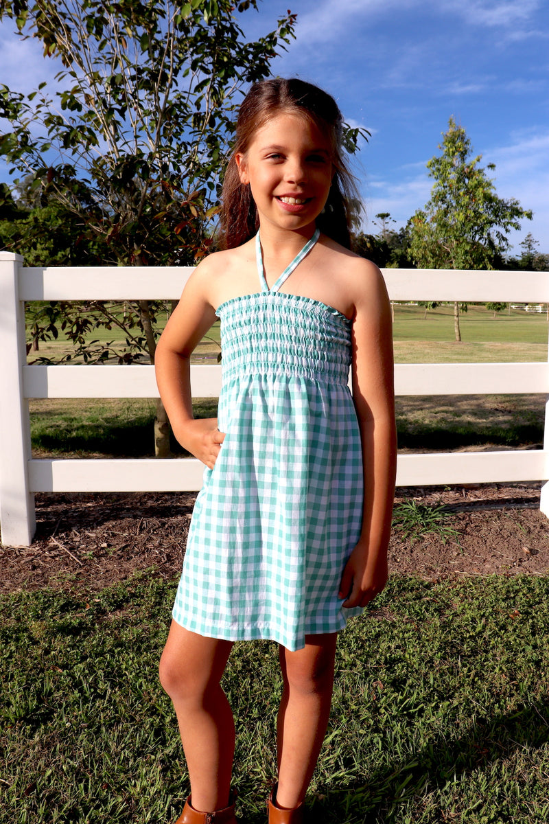 Girls Strapless Beach Dress in Cotton Gingham Mint Rock Olive Girls Strapless Beach Dress in Cotton Gingham Mint Rock Olive