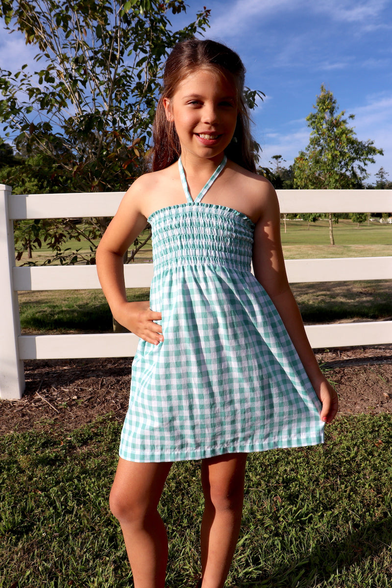 Girls Strapless Beach Dress in Cotton Gingham Mint