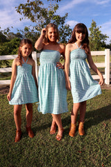 Girls Strapless Beach Dress in Cotton Gingham Mint