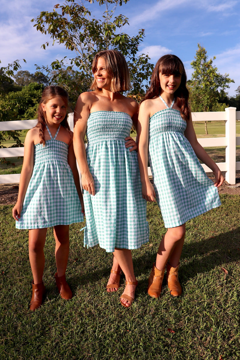 Girls Strapless Beach Dress in Cotton Gingham Mint