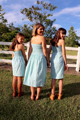 Girls Strapless Beach Dress in Cotton Gingham Mint